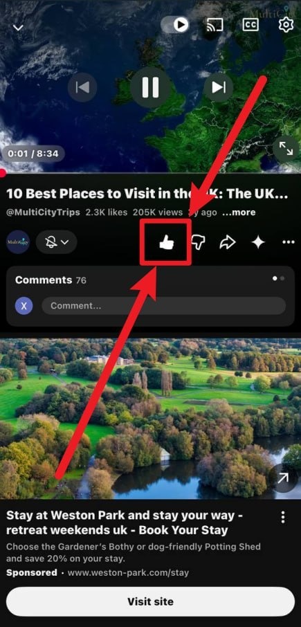 Full YouTube screenshot with red arrows and a box highlighting the Like button beneath the video